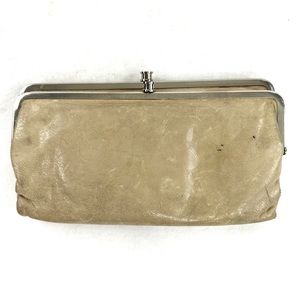 HOBO International Lauren Taupe Leather Double Kiss Locks Frame Clutch Wallet
